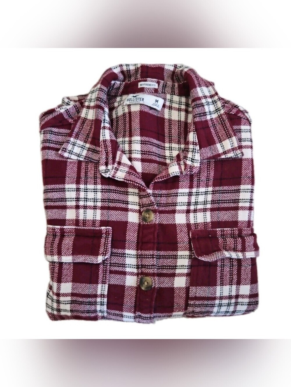 Hollister Boyfriend Fit Plaid Flannel Shirt Shacket Burgundy Size M, pockets.